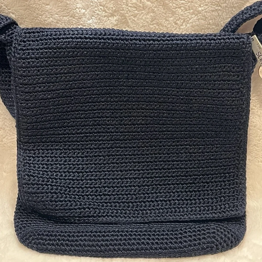 The Sak Crochet Crossbody Shoulder Bag Purse Navy‎ with Flap READ pen marks